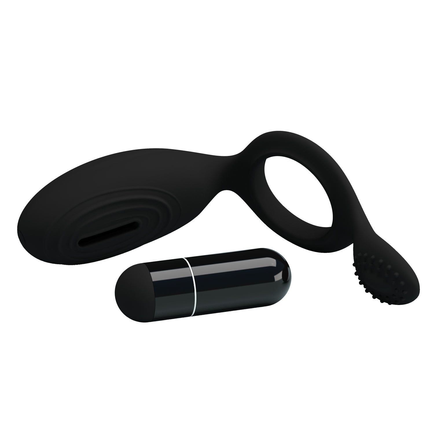 Prodotto intimo nero. Anello con elementi in rilievo ed elemento cilindrico accanto.