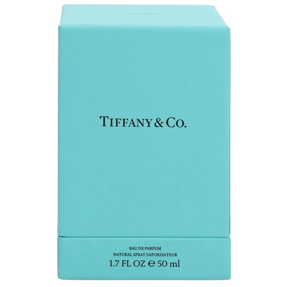 Scatola turchese Tiffany & Co. con logo. Scritto: Eau de Parfum, Natural Spray Vaporisateur. 1.7 FL OZ e 50 ml.