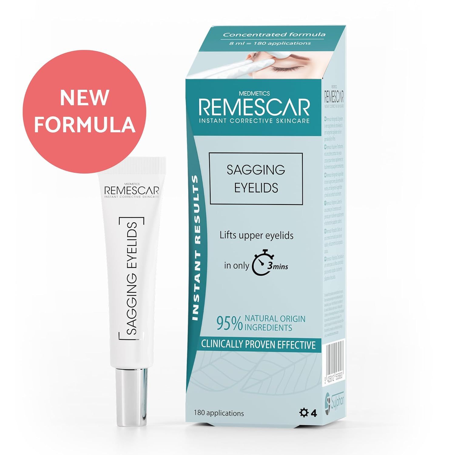 Remescar Schlupflider Augencreme, tubo e confezione. Testo: Sagging Eyelids, nuova formula, 95% ingredienti naturali, clinicamente testato.