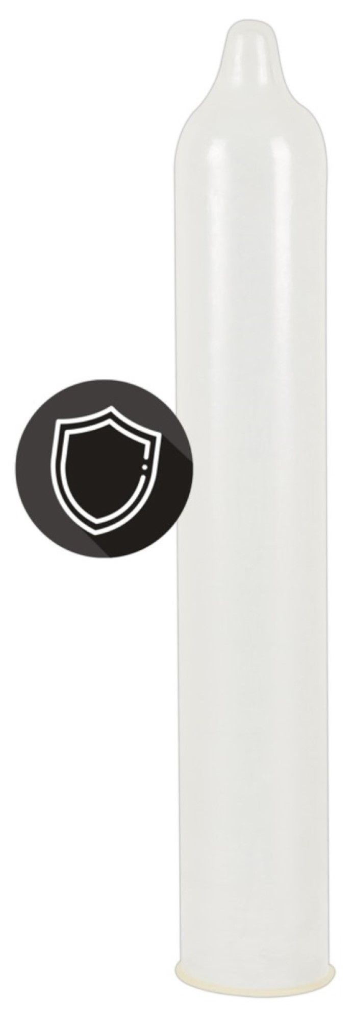 Preservativo bianco con simbolo scudo nero. Preservativo con punta arrotondata e forma dritta.