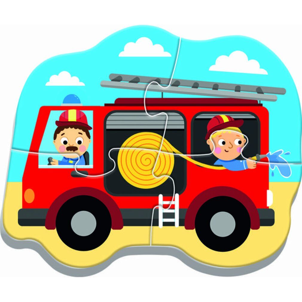 Puzzle con ambulanza. Il puzzle mostra un medico e un'infermiera. Diverse parti.