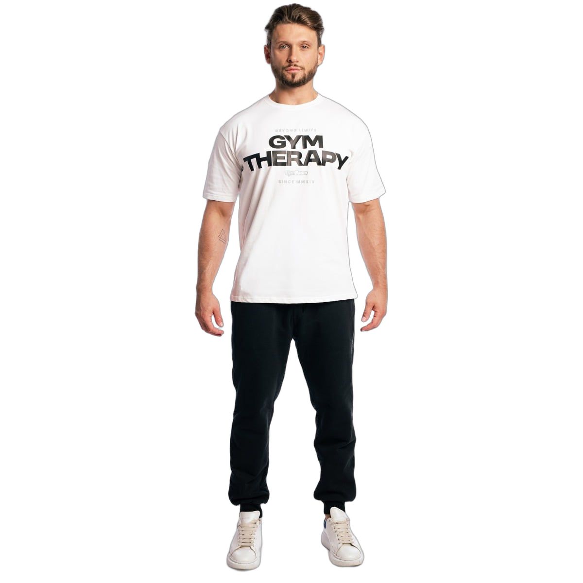 GymBeam T-shirt uomo oversize in cotone a manica corta Gym Therapy White