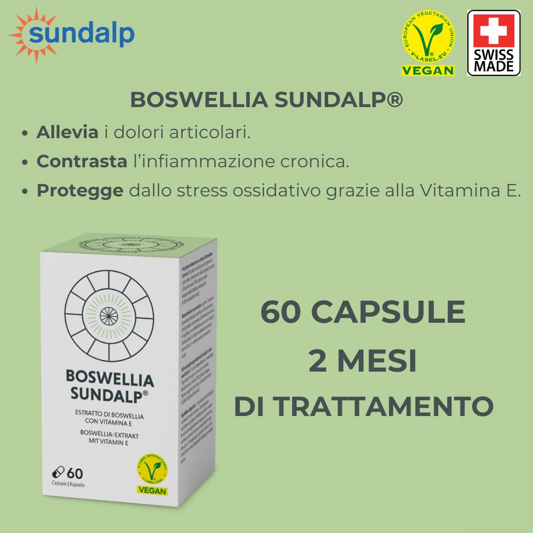 Confezione Boswellia Sundalp con vitamina E. Sigillo vegano. Scritta: 60 capsule, 2 mesi di trattamento.