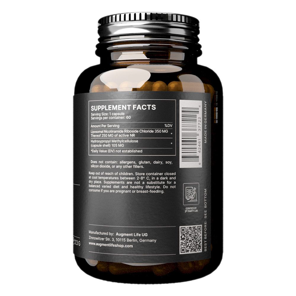 Flacone in vetro marrone con capsule ed etichetta con informazioni nutrizionali. Prodotto in Germania.