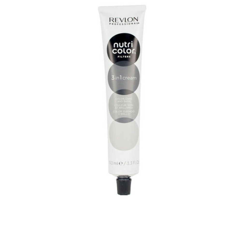 Tubo bianco-grigio con tappo nero. Scritta: Revlon, Nutri Color Filters, 3 in 1 cream.