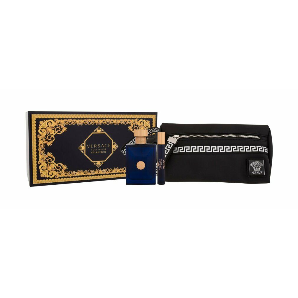 Set profumo con bottiglia blu, vaporizzatore e trousse nera. Confezione con decorazioni dorate e logo del marchio.