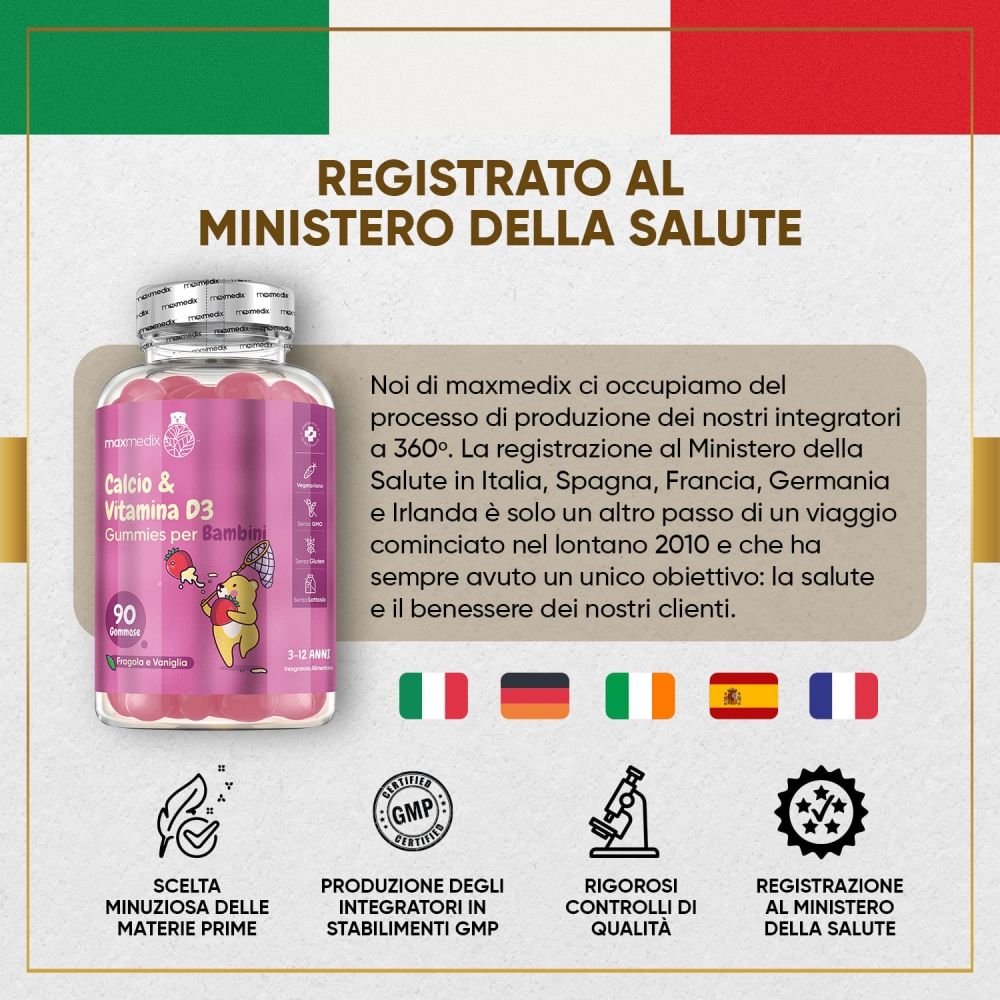 Flacone di caramelle gommose. Testo: Registrato al Ministero della Salute. 90 caramelle gommose.