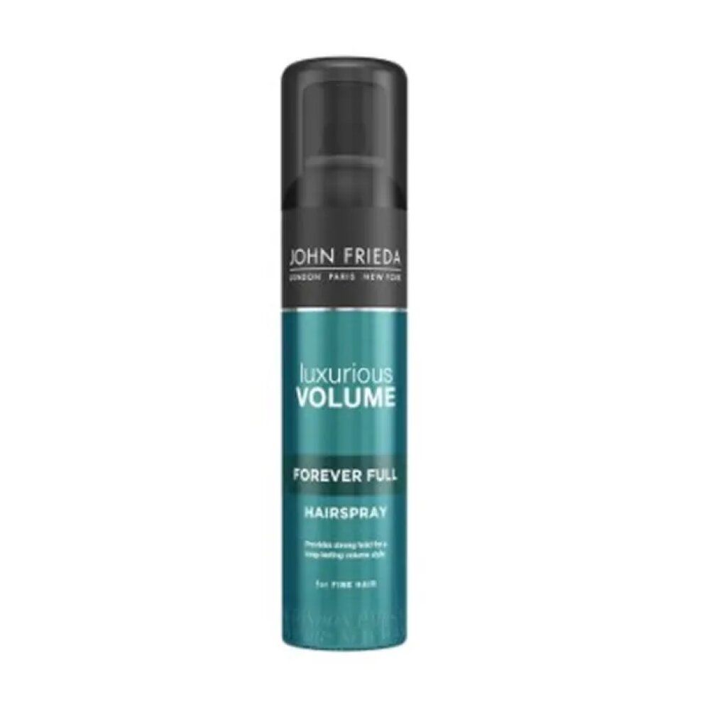 John Frieda Luxurious Volume Hairspray. Flacone spray turchese e nero. Testo: Luxurious Volume, Forever Full, Hairspray.