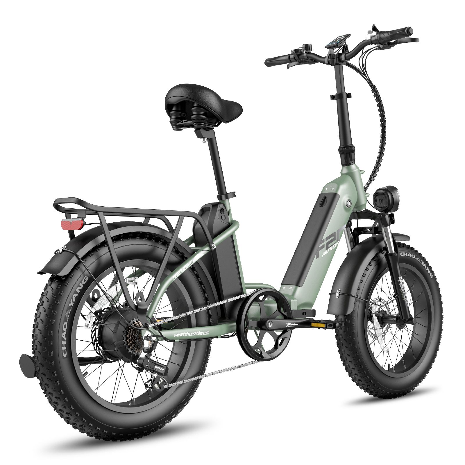 E-bike pieghevole verde chiaro. Pneumatici, sella e portapacchi neri. Fanale posteriore e batteria.