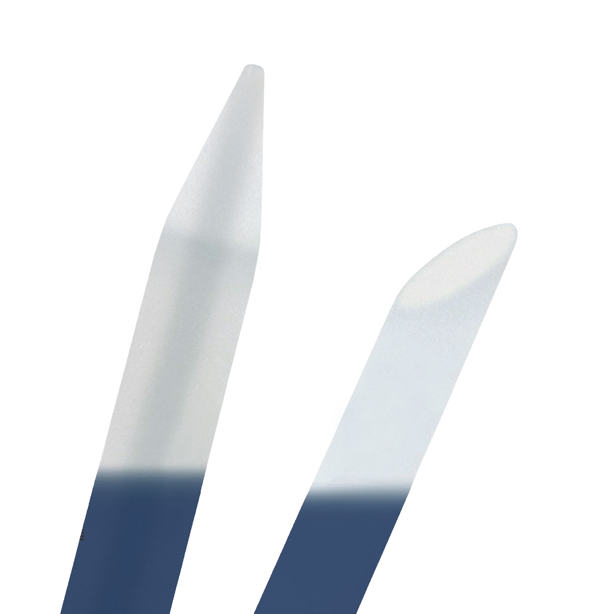 Primo piano di due lime per unghie in vetro con sfumatura blu-bianca. Logo AILORIA visibile. Diverse forme di punte.