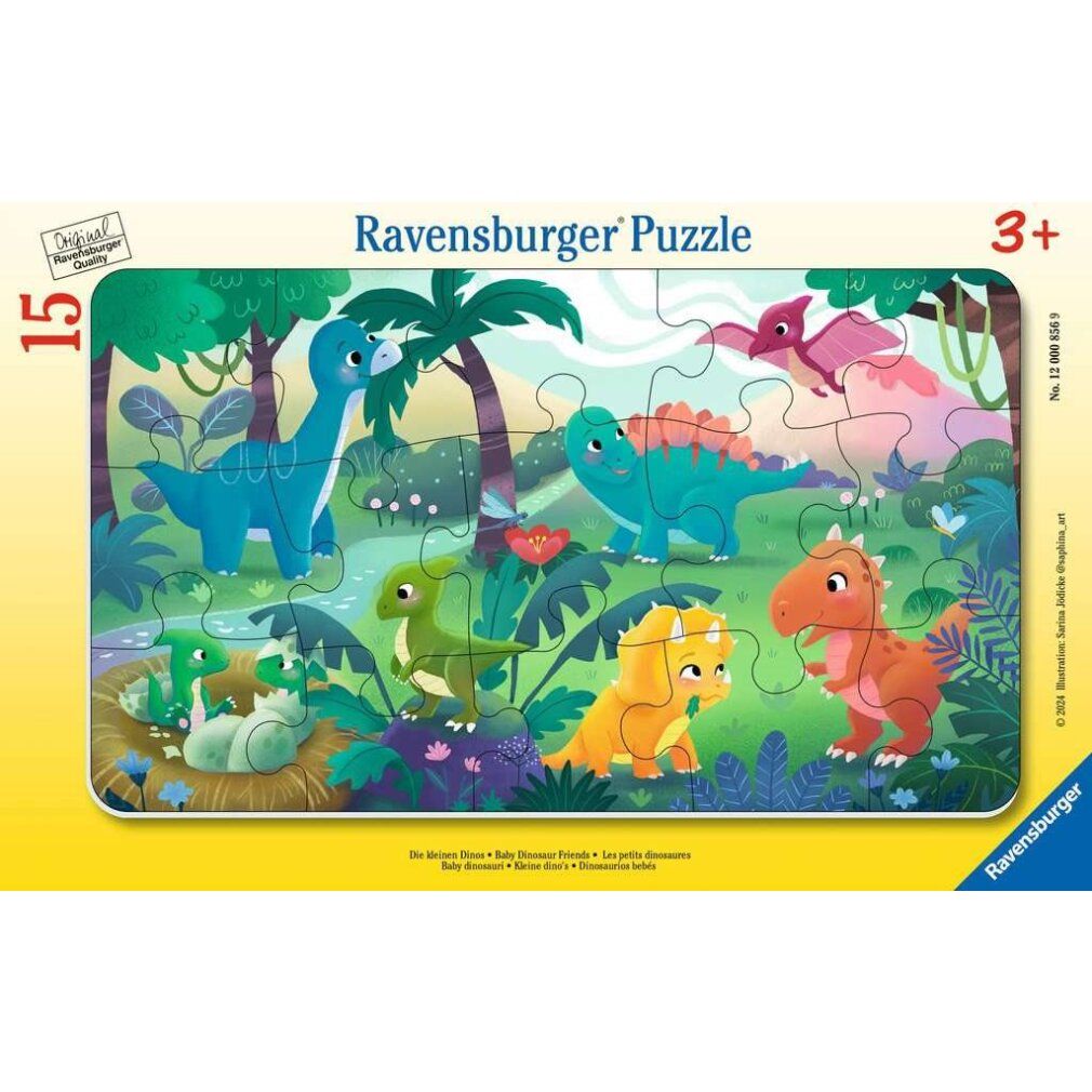 Puzzle con dinosauri. 15 pezzi. Confezione con nome del prodotto e indicazione di età 3+.