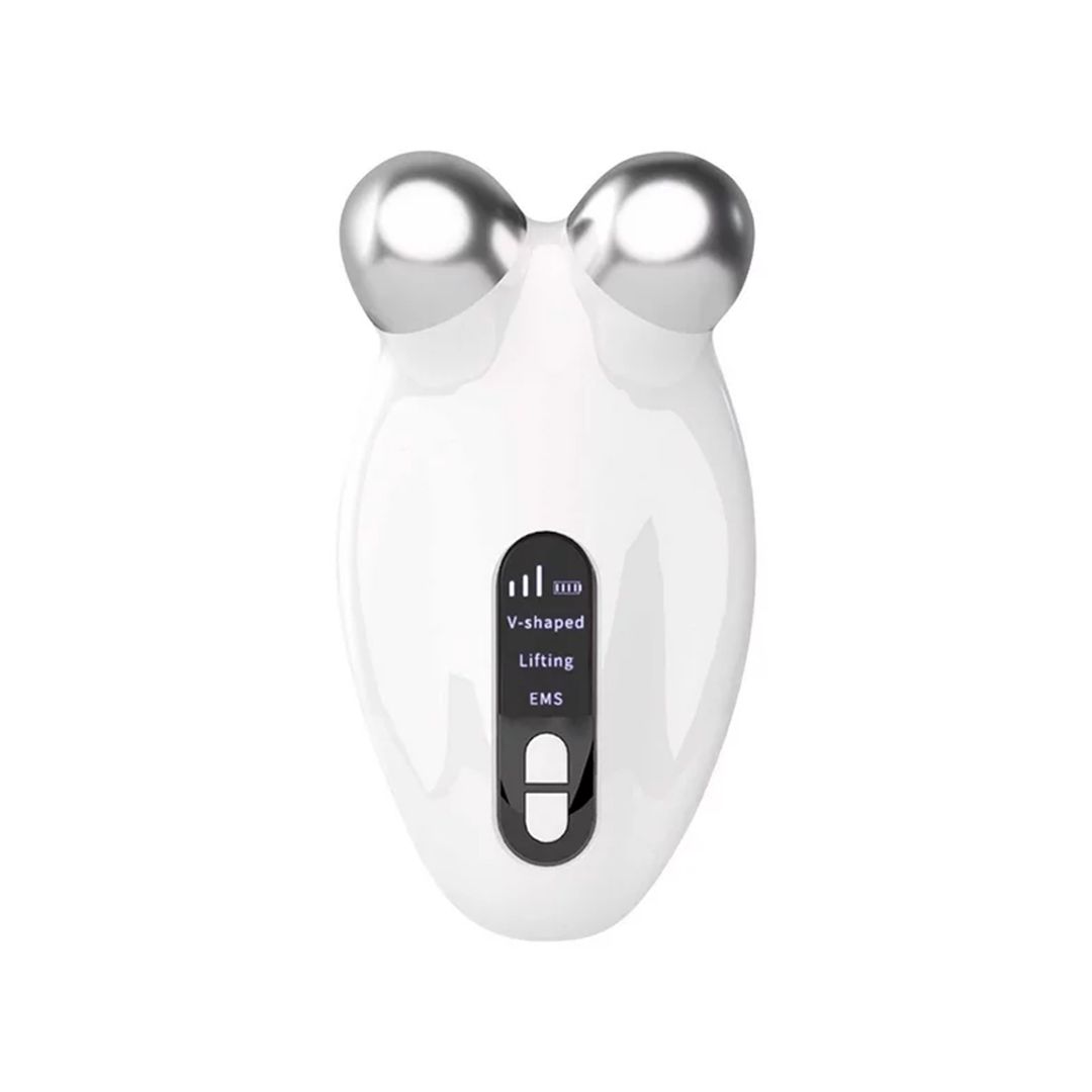 Dispositivo bianco per scultore di lifting facciale a microcorrente con sfere argentate e display digitale che mostra le modalità.