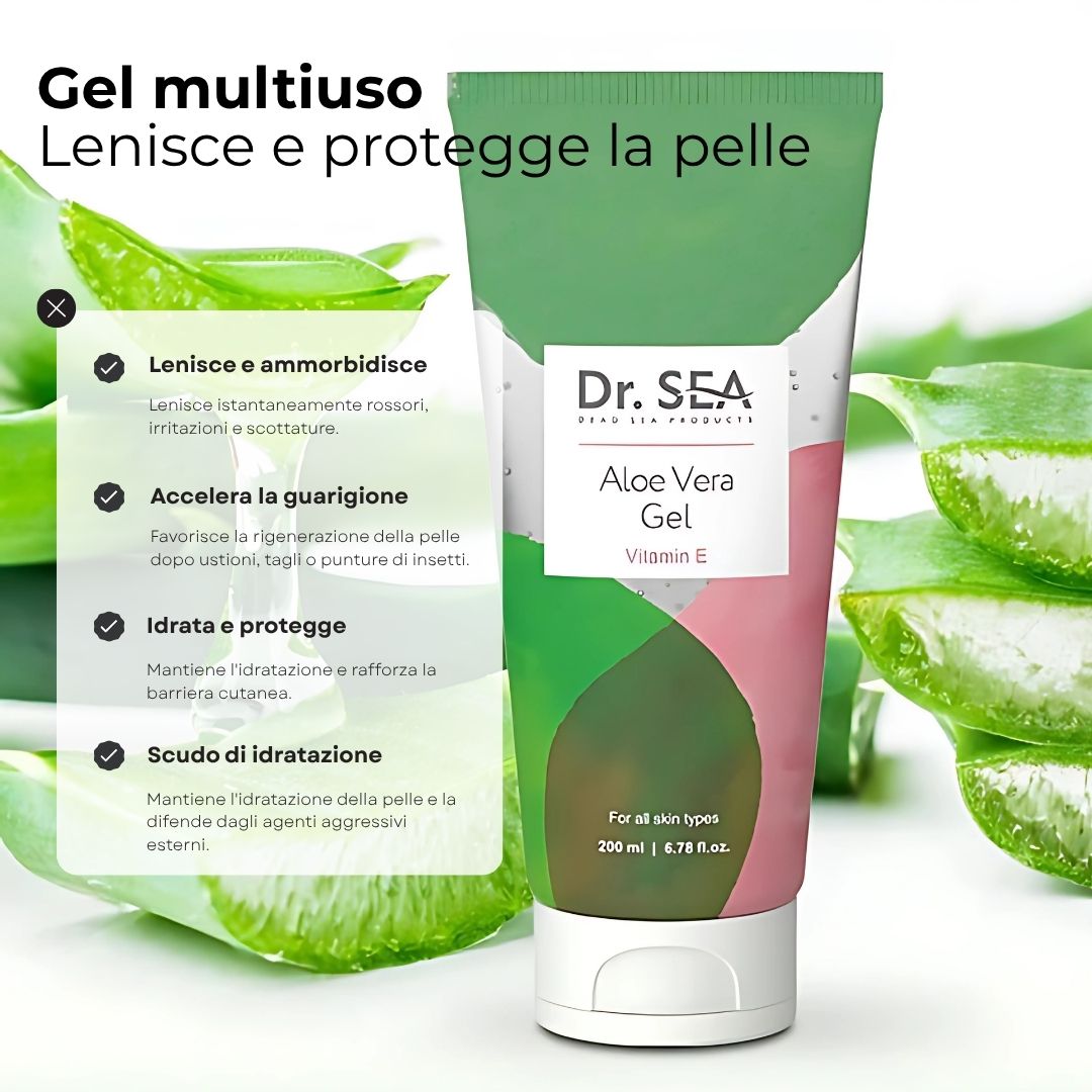 Tubo di gel all'aloe vera. Design verde e rosa. Testo: Dr. SEA, Aloe Vera Gel, Vitamina E. Infografica dei benefici.