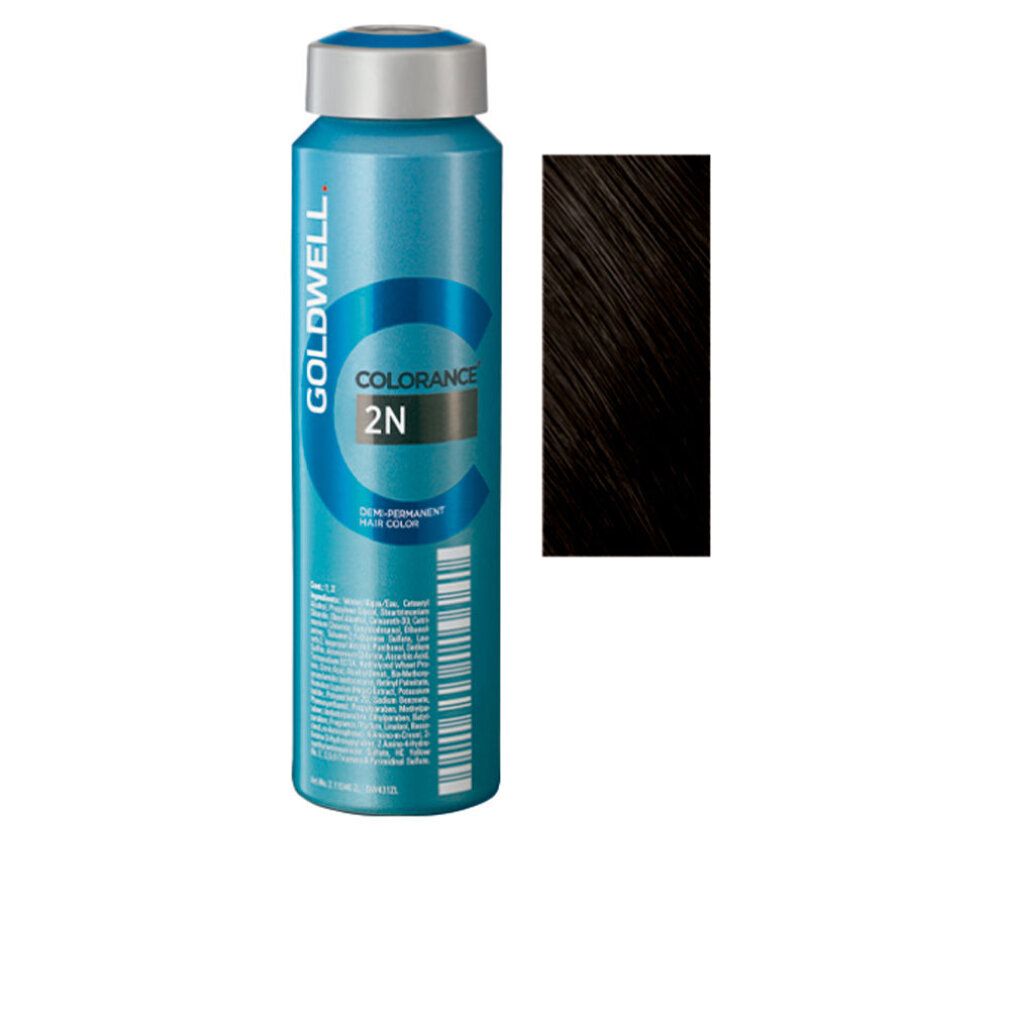Flacone Colorance 2N, tinta per capelli castano scuro. Logo Goldwell. Campione di colore a destra.