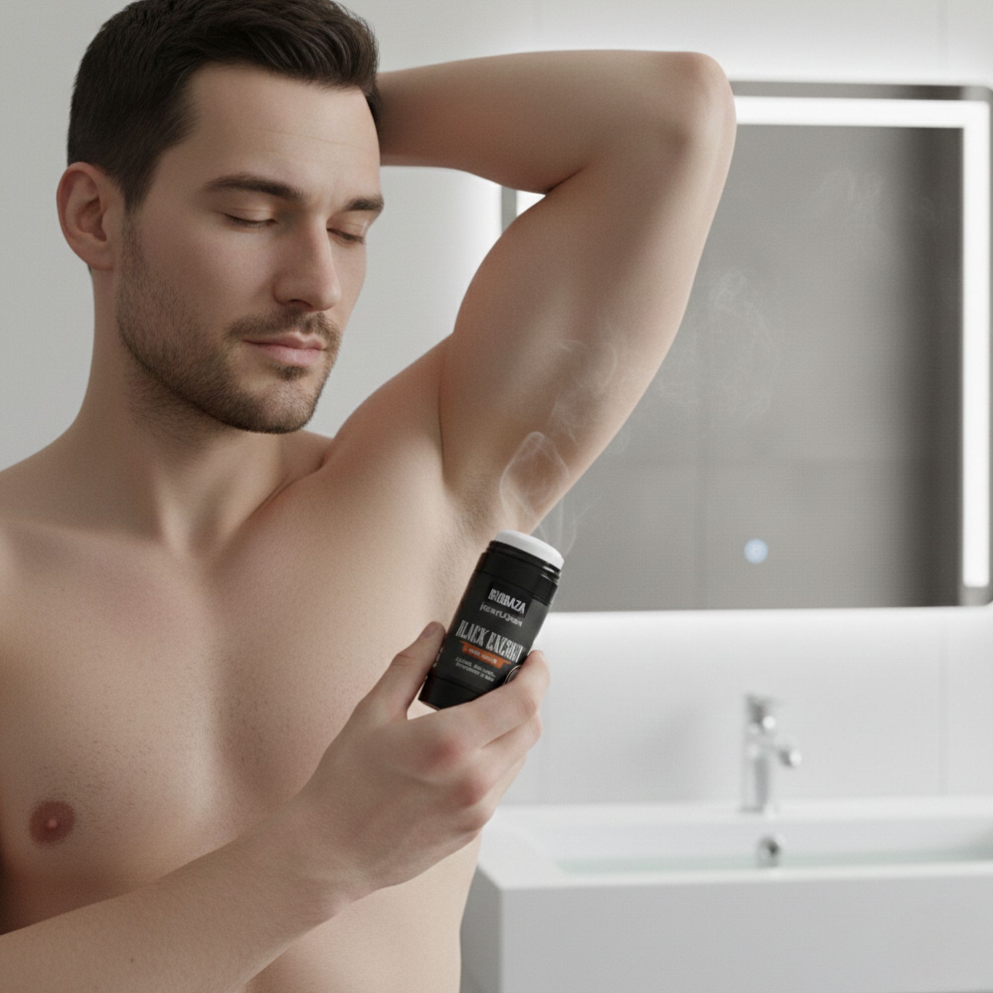 Uomo che usa uno stick deodorante nero. Visibile: Biobaza Black Energy.