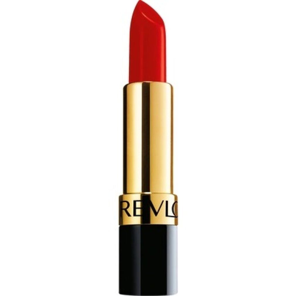 Rossetto rosso, corpo dorato, base nera. Scritta REVLON. Stick visibile.