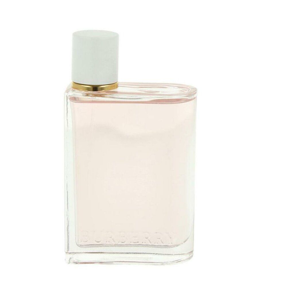 Flacone in vetro con liquido rosa. Tappo bianco con anello dorato. Logo Burberry.