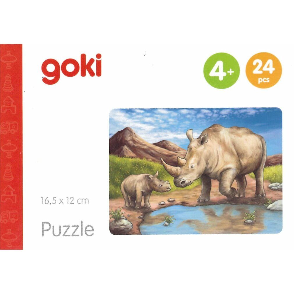 Puzzle Goki con rinoceronti. 24 pezzi, dai 4 anni in su. Confezione con rinoceronti vicino all'acqua. Dimensioni: 16,5 x 12 cm.