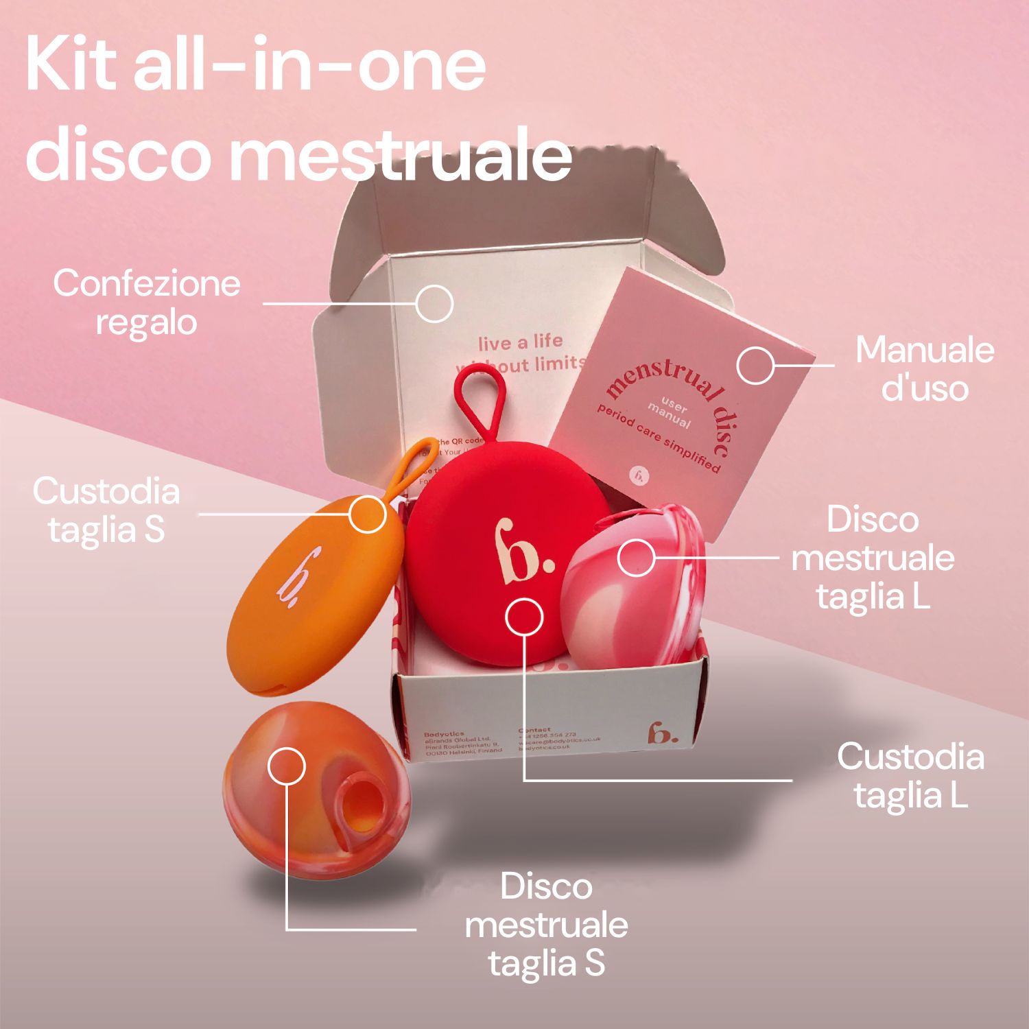 Kit all-in-one per disco mestruale, che mostra una scatola aperta. Include due dischi (S e L), due custodie e un manuale.
