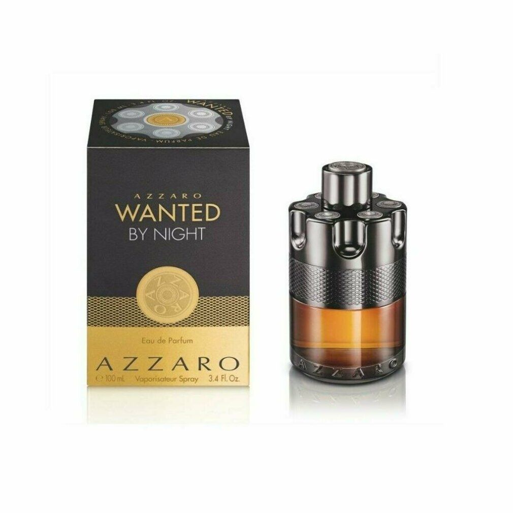 Azzaro Wanted by Night Eau de Parfum. Flacone e confezione. Confezione nera con dettagli dorati e flacone.
