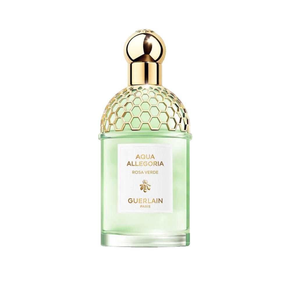Flacone di vetro verde con tappo dorato. Scritta: Aqua Allegoria Rosa Verde, Guerlain.