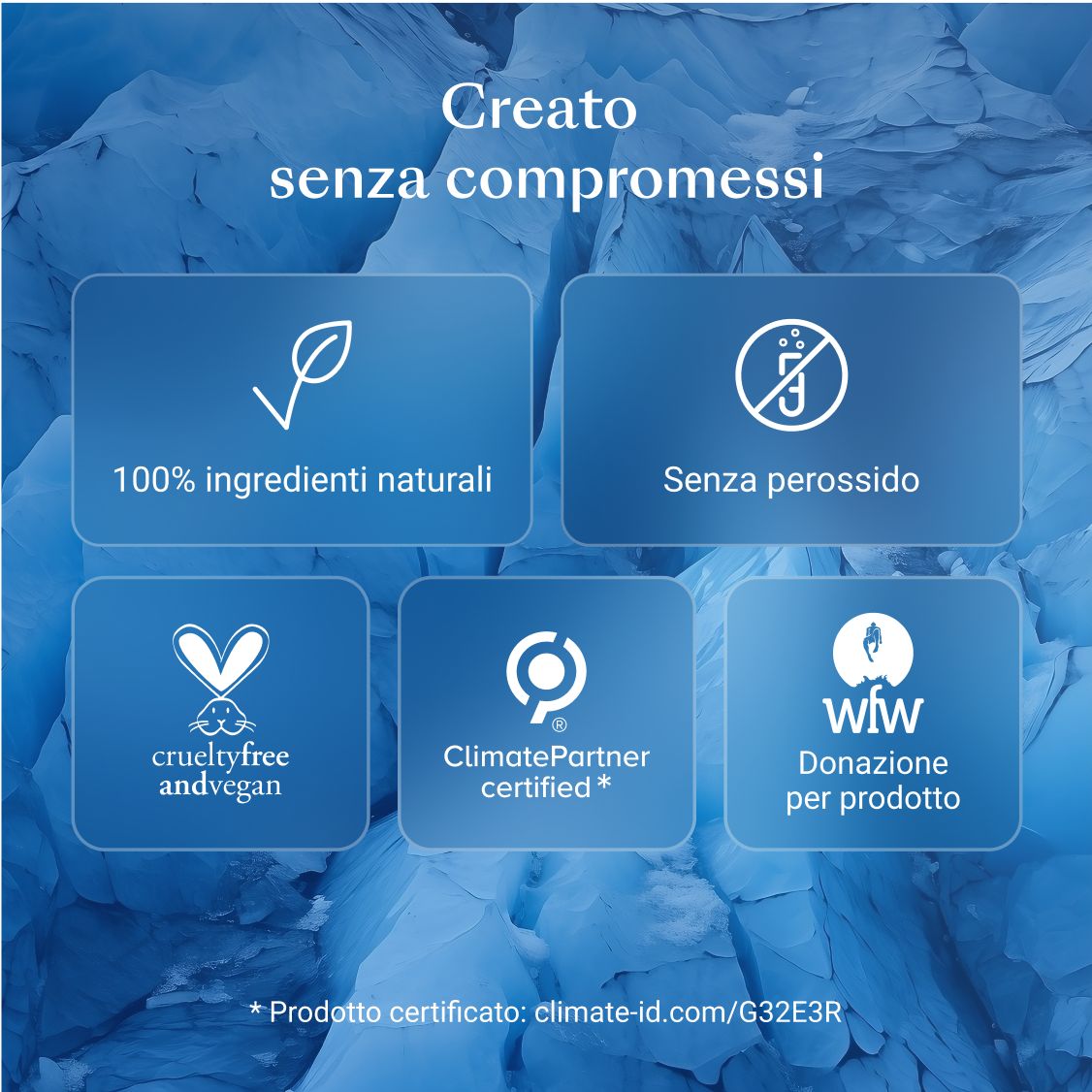 Sfondo blu con loghi. Testo: Ingredienti 100% naturali, senza perossido, vegano.