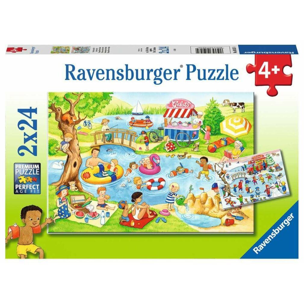 Scatola puzzle doppia. Soggetto: bambini al lago. Marca Ravensburger. Età consigliata 4+. 2x24 pezzi. Premium Perfect Age Fit.