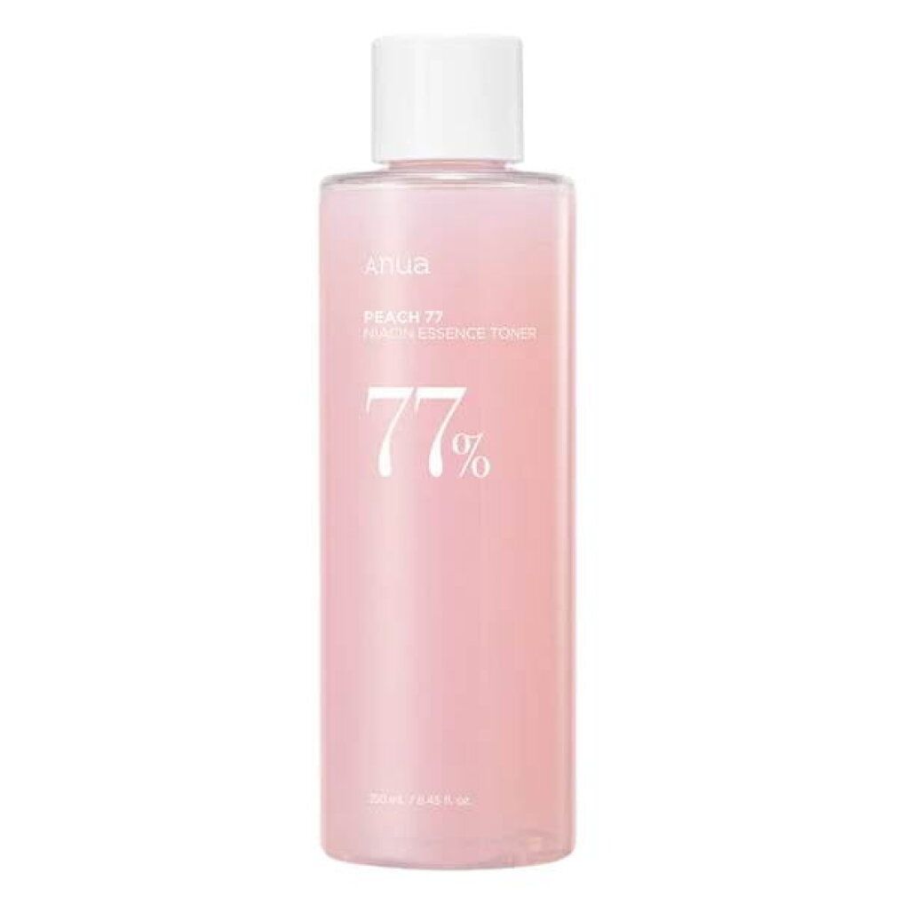 ANUA Peach 77% Niacin Essence Toner in una bottiglia trasparente con tappo bianco.