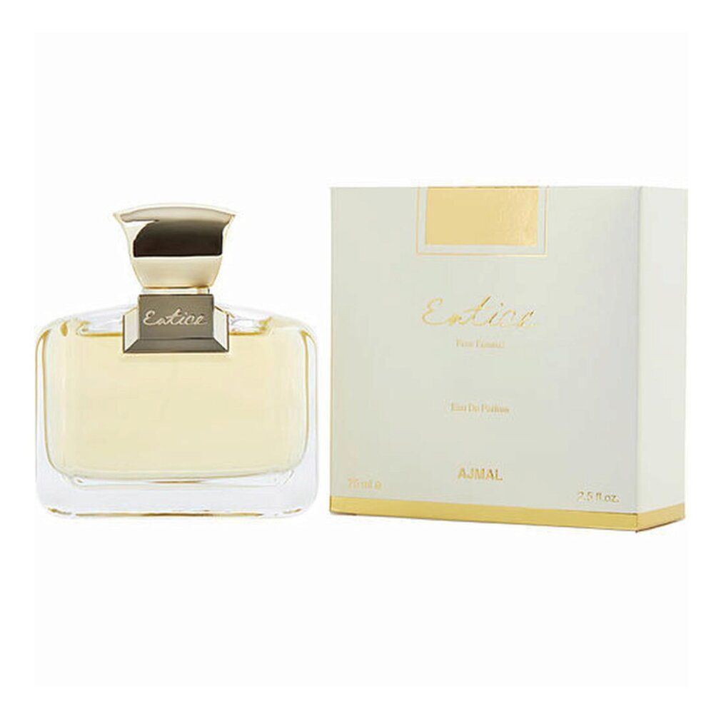 Flacone di profumo e confezione. Flacone con tappo dorato. Scatola bianca con etichetta dorata.