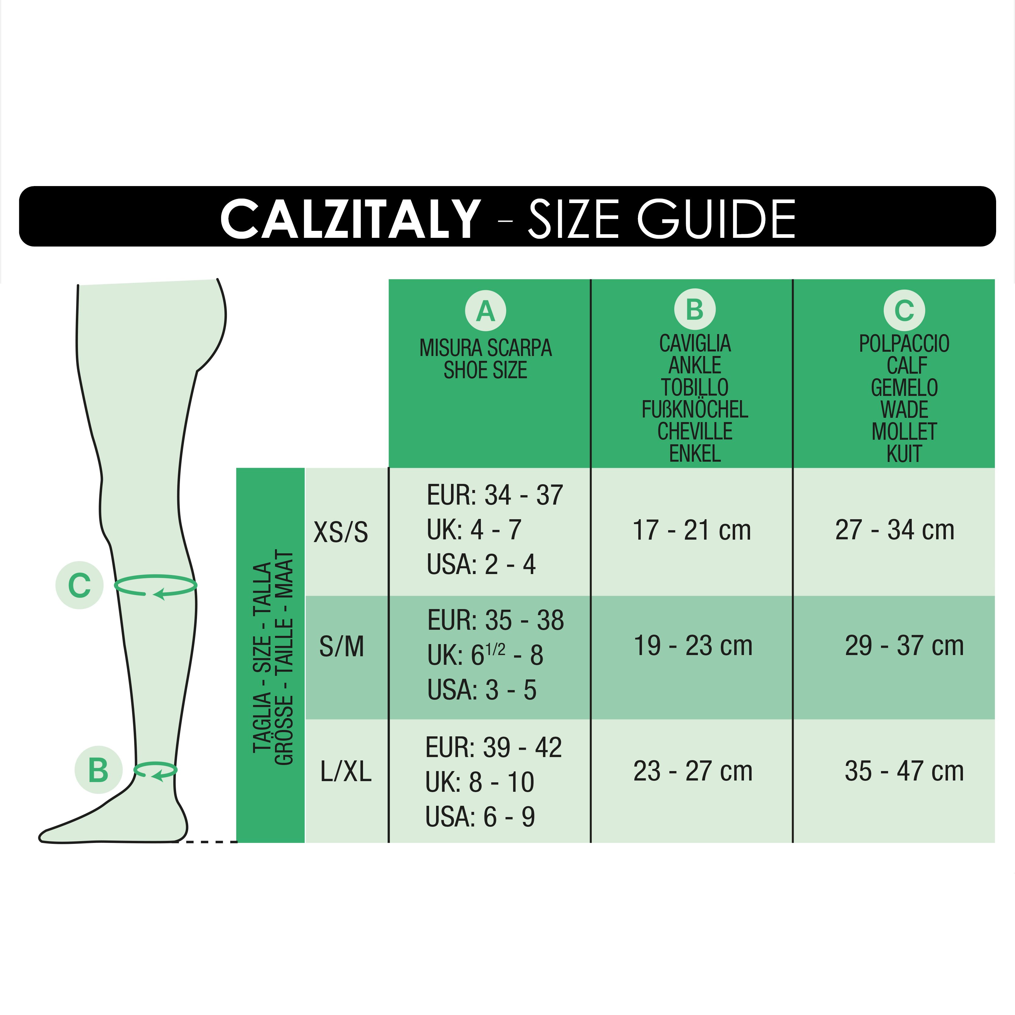 Tabella taglie per calze compressive. Misure per numero di scarpa, caviglia, polpaccio.