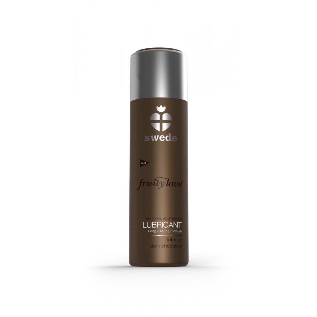 Flacone marrone con tappo argentato. Scritta: swede, fruity love, LUBRICANT, dark chocolate. Sfondo bianco.