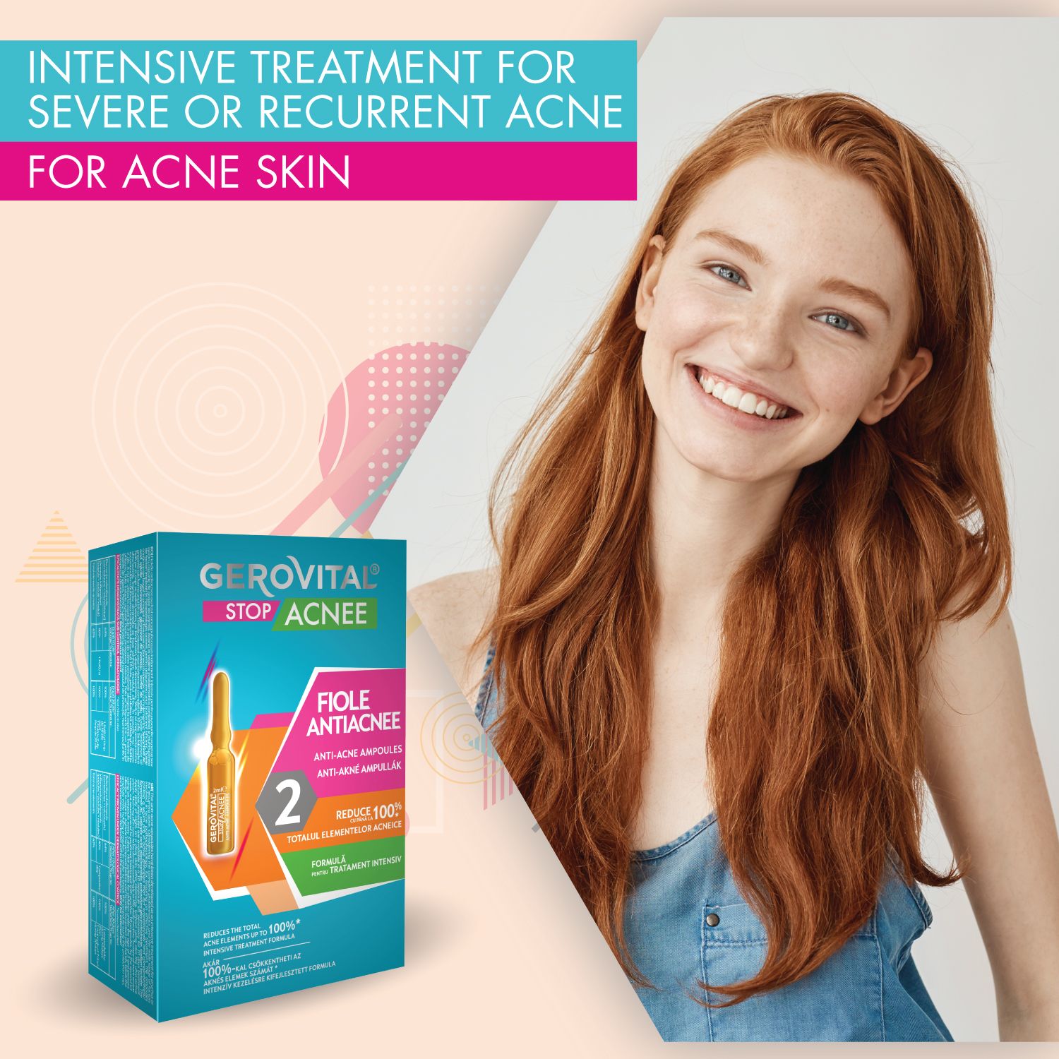 Una donna sorride. Accanto a lei, una confezione del prodotto con "Gerovital Stop Acne".