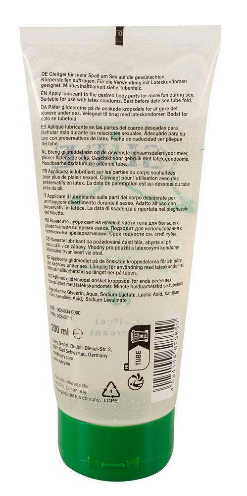 Tubo di gel lubrificante Just Glide Bio, trasparente con tappo verde.