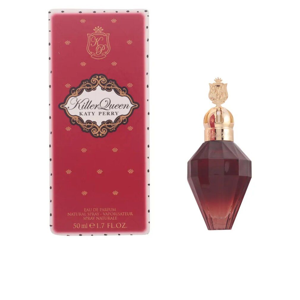 Flacone di profumo e confezione. Flacone a forma di diamante, sfumatura rosso-trasparente. Confezione rossa con scritta Killer Queen.