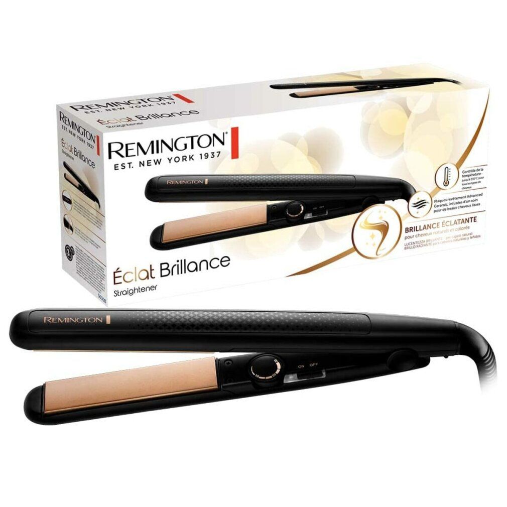 Piastra per capelli nera con piastre riscaldanti dorate e confezione. Marchio Remington. Il nome del prodotto e il logo sono visibili sulla confezione.