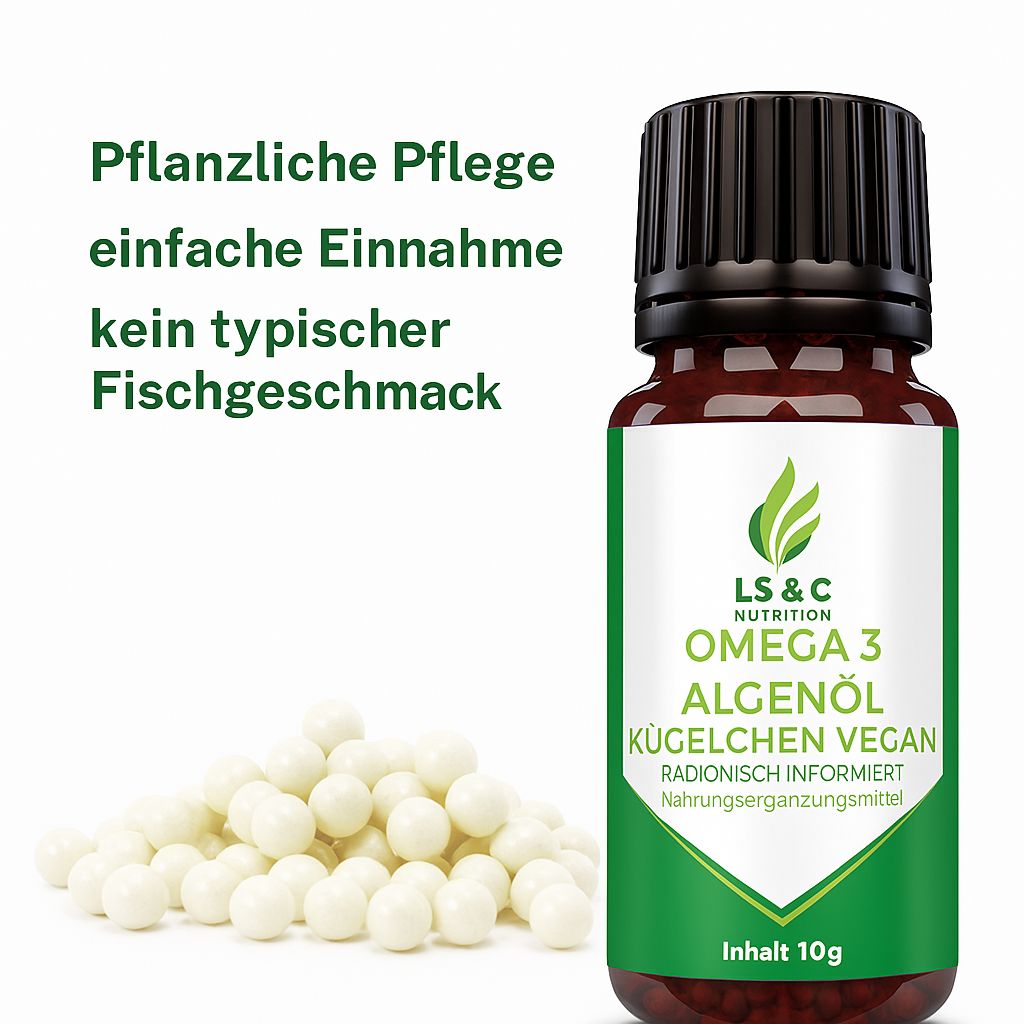 Flacone di vetro marrone con tappo nero. Etichetta bianca e verde con testo: Omega 3 Algenöl, Kügelchen Vegan. Accanto, palline.
