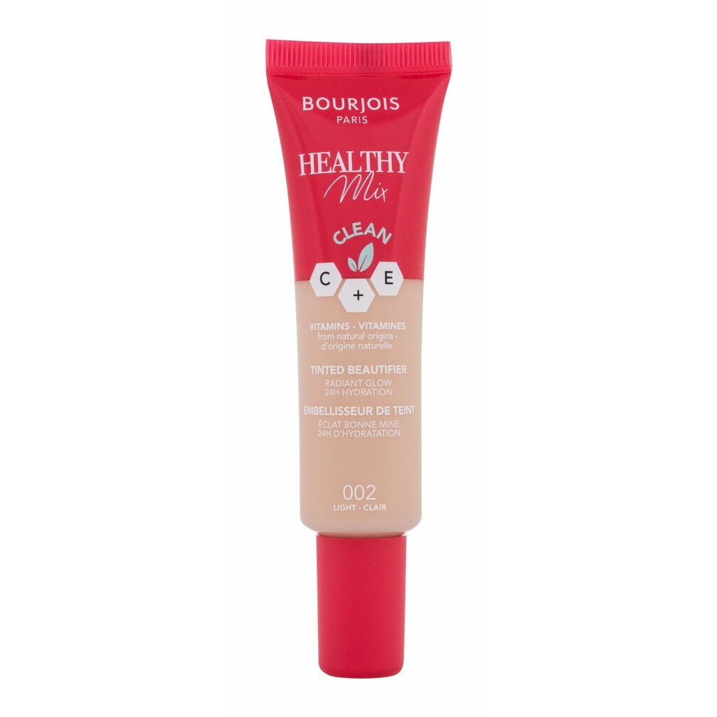 Bourjois Healthy Mix Beautifier. Tubo con tappo rosso. Tonalità 002. Scritta: Clean, C+E Vitamine.