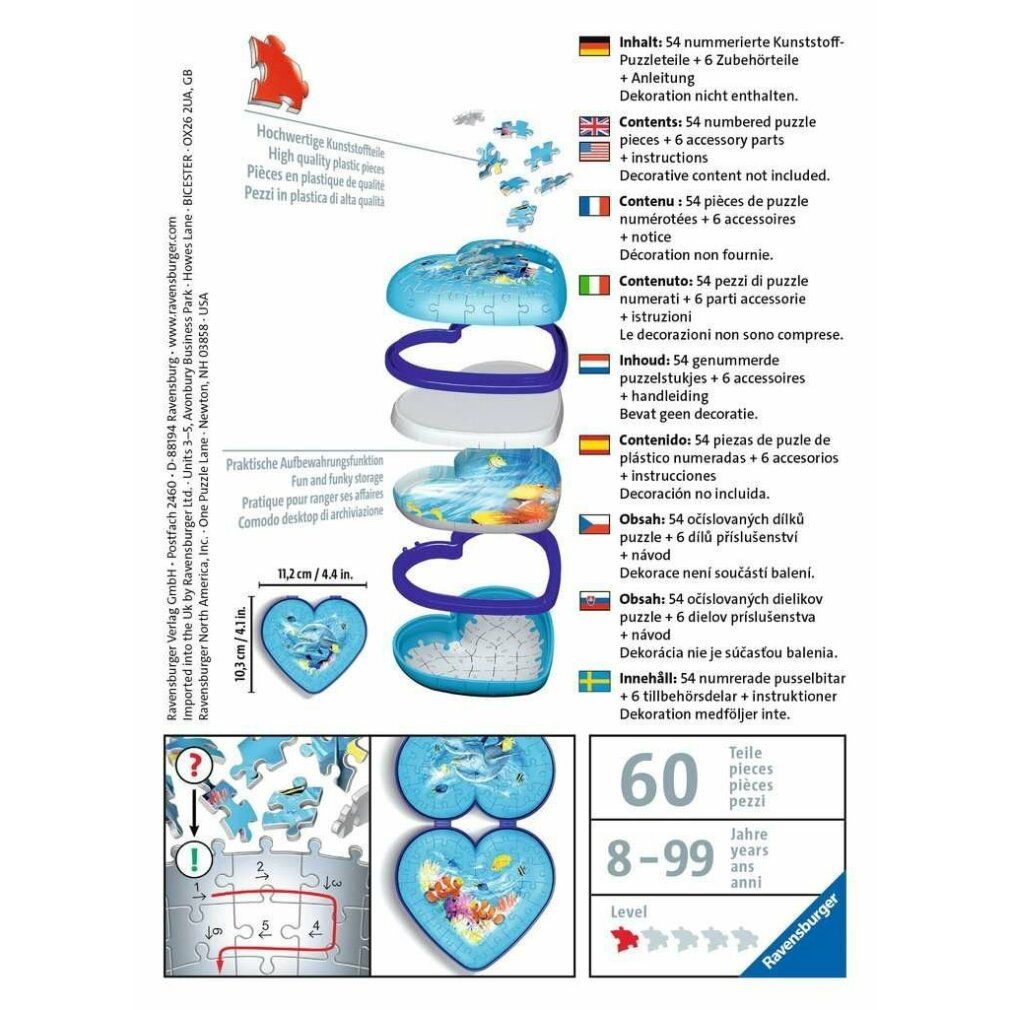 Retro della confezione del puzzle. Contiene informazioni su contenuto, età consigliata, illustrazioni e produttore.