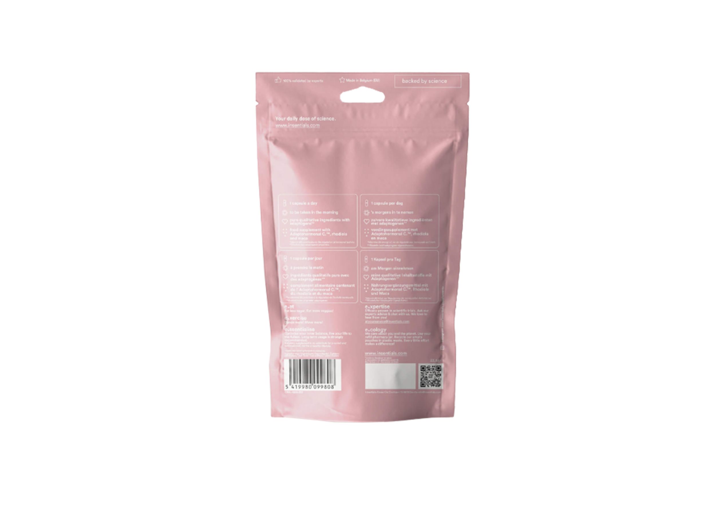 Retro di una confezione rosa con testo e codice a barre. Un foro per appendere è visibile in alto.