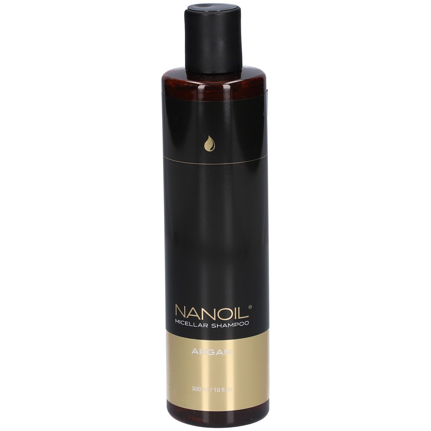 Flacone nero Nanoil Micellar Shampoo Argan con fascia dorata e simbolo a goccia.