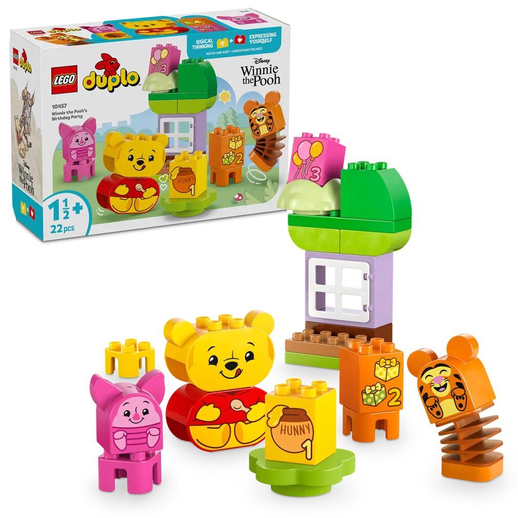 LEGO DUPLO 10457. Set con personaggi di Winnie the Pooh, casa, albero e accessori. Confezione con nome del prodotto e età consigliata.