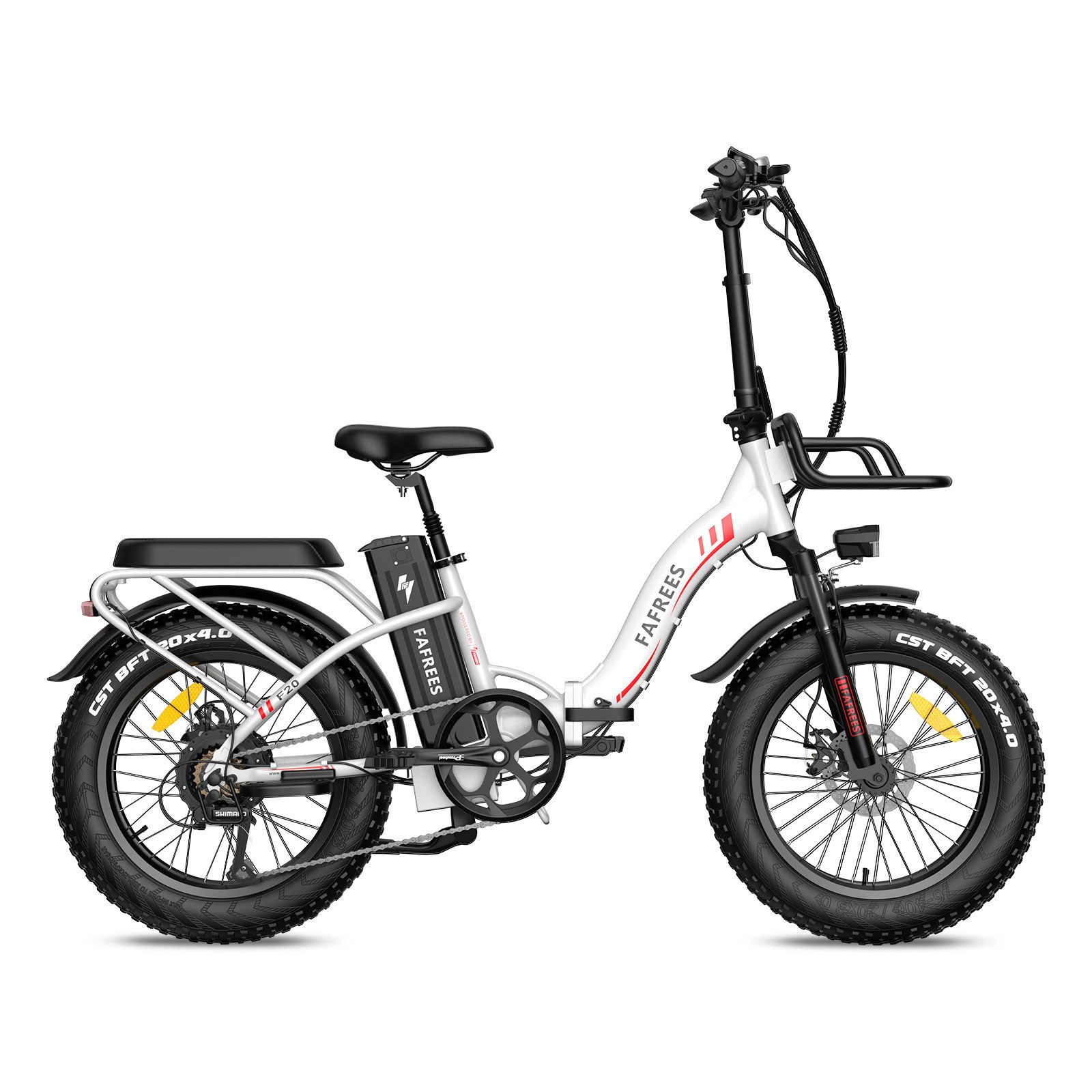 Bicicletta elettrica Fafrees F20 Max bianca. Pneumatici neri, portapacchi, cestino anteriore. Batteria e marchio visibili.
