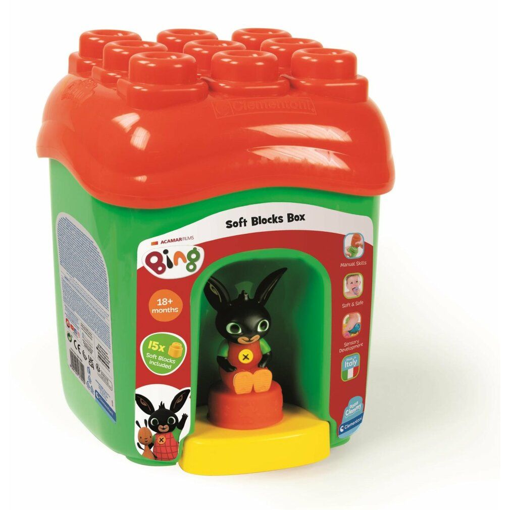 Casa verde con tetto rosso, personaggio di Bing e piedistallo giallo. Scritta "Soft Blocks Box" e "15x Soft blocks included".
