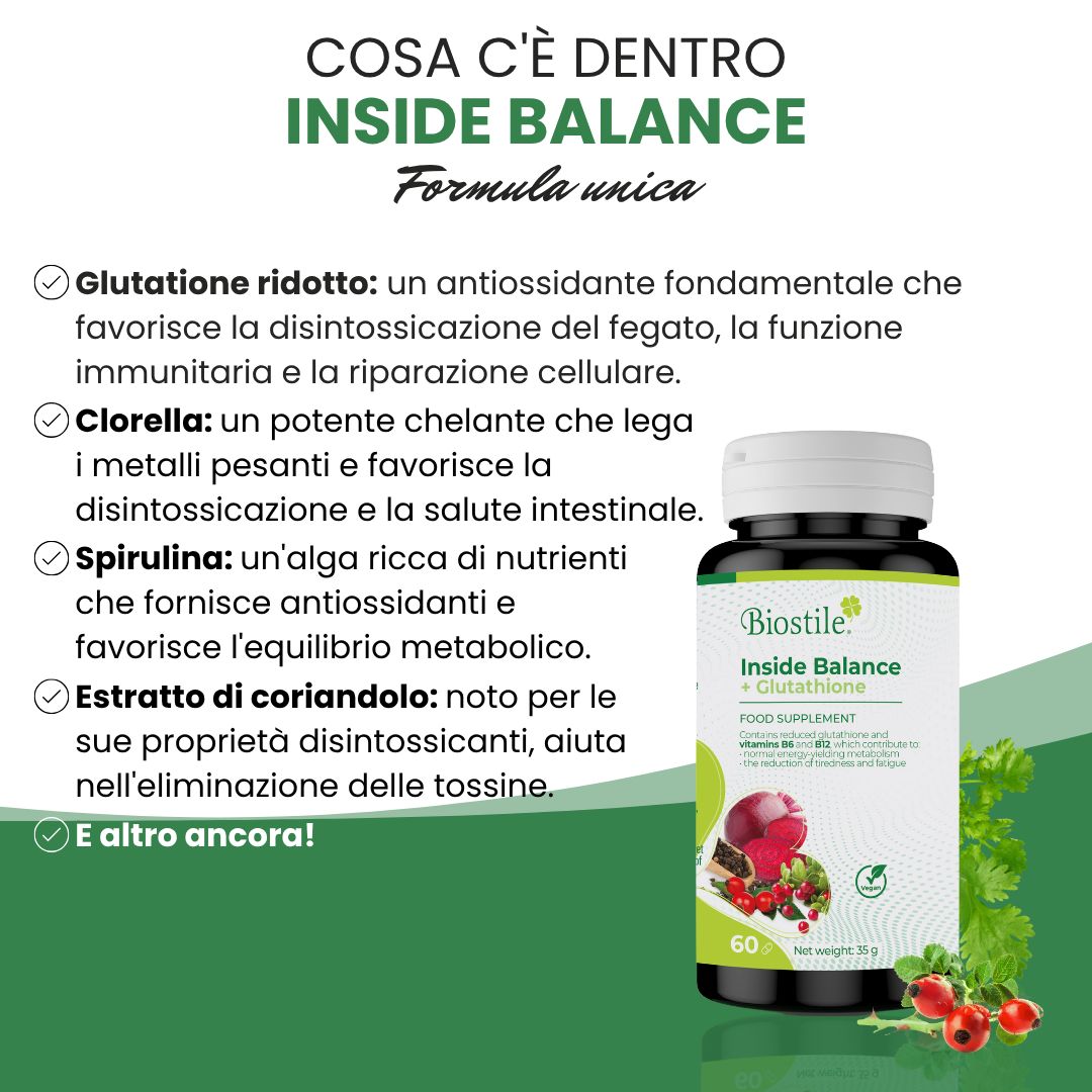 Flacone di prodotto accanto al testo. Testo: Cosa c'è dentro Inside Balance? Nome e logo del prodotto visibili.