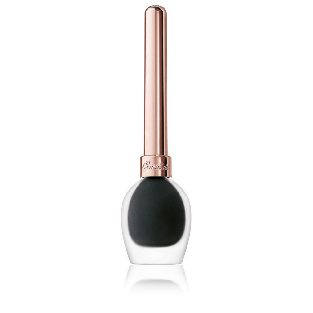 Eyeliner nero con stelo dorato. Flacone trasparente e rotondo. Lo stelo è lungo e sottile. Il nome del marchio è visibile sul collo.