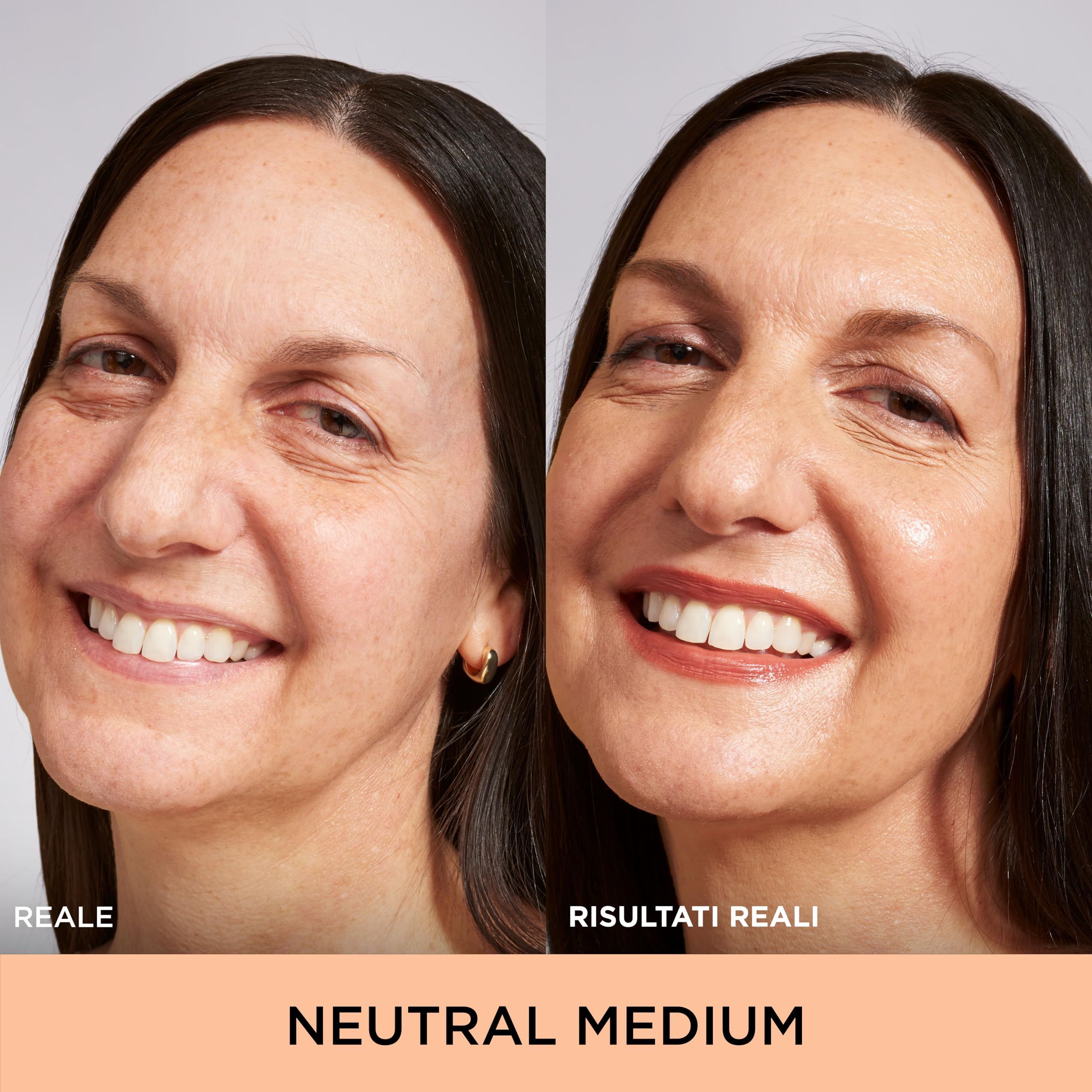 Confronto prima e dopo. Viso di una donna prima e dopo. Testo: NEUTRAL MEDIUM.