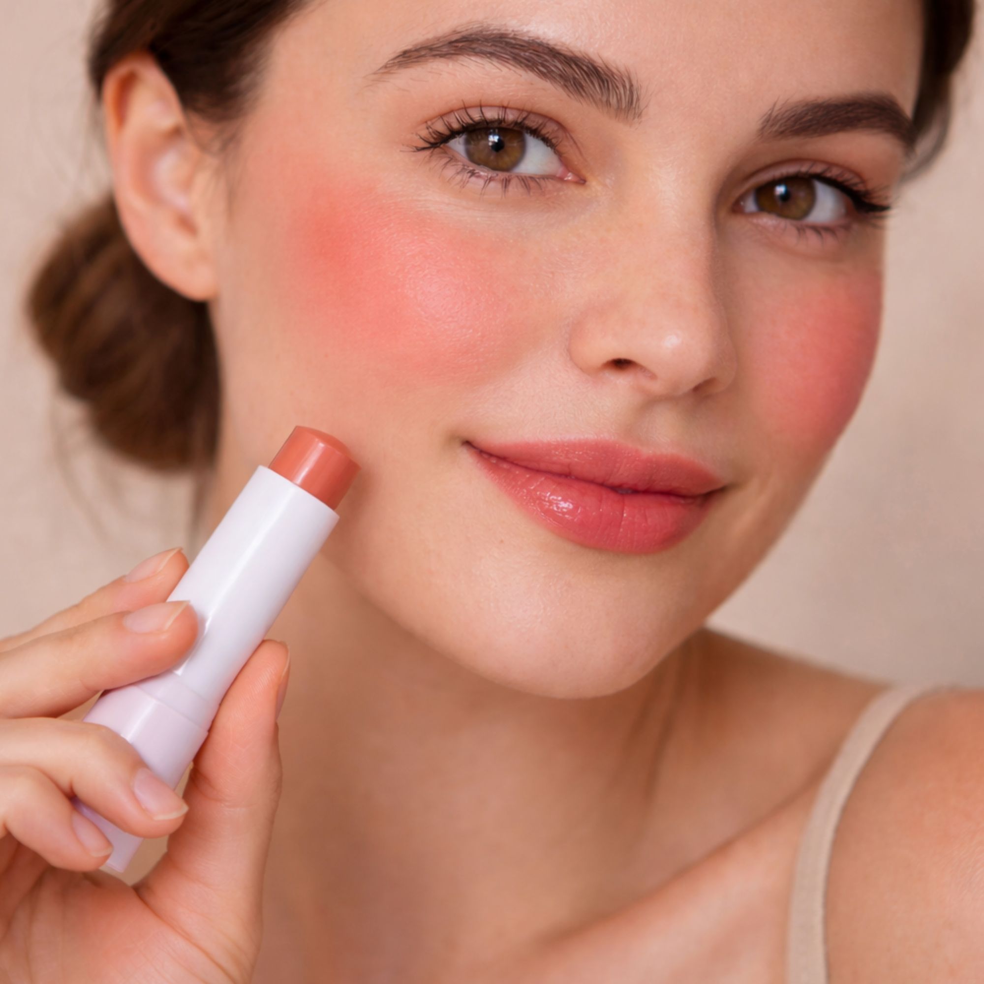 Donna con balsamo per labbra e guance. Stick bianco applicato sulla guancia. Viso con fard.