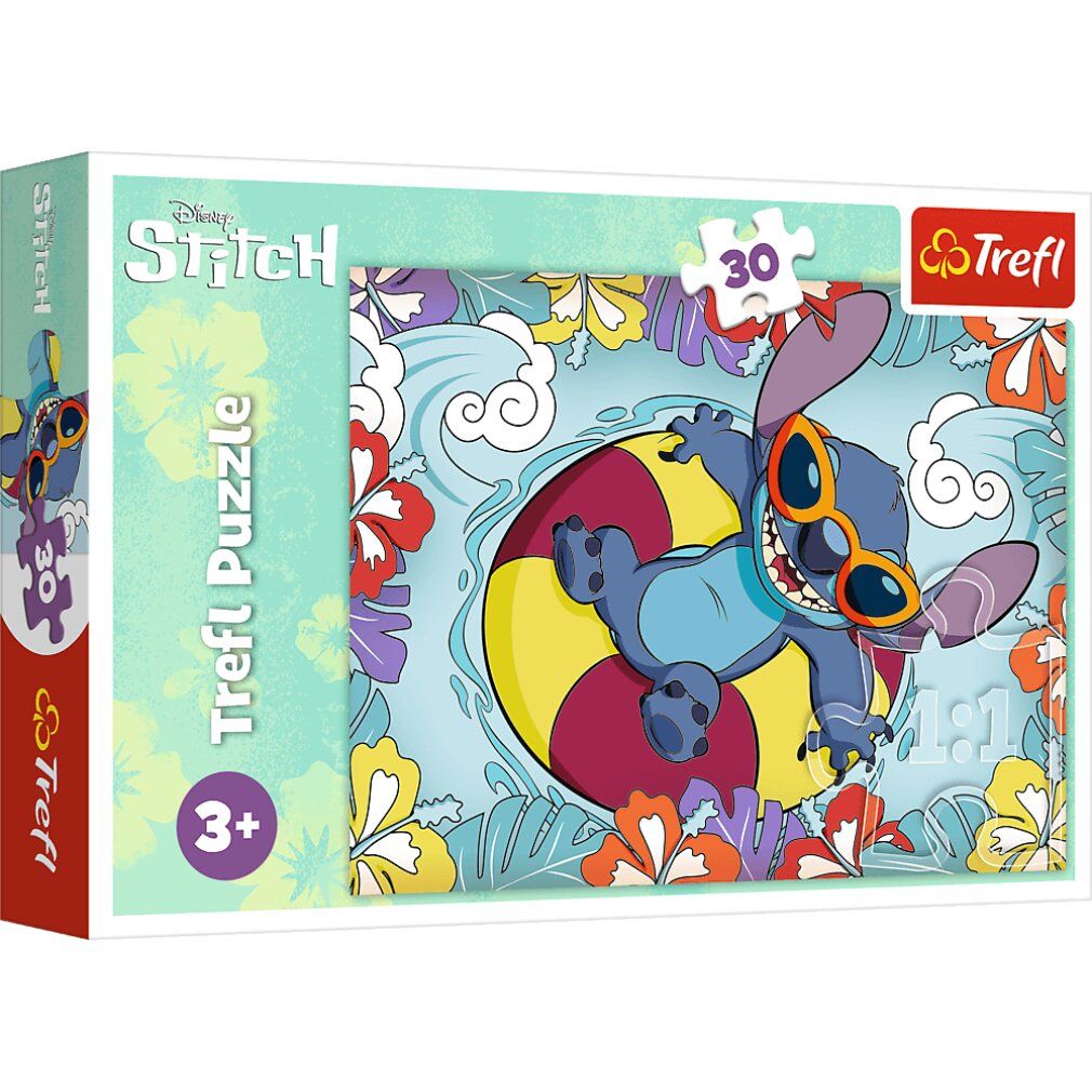 Scatola puzzle con Stitch in acqua. Stitch con occhiali da sole in un salvagente. 30 pezzi, logo Trefl, Disney Stitch.