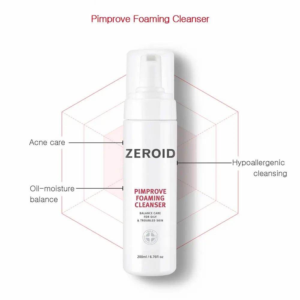 Flacone bianco ZEROID Pimprove Foaming Cleanser con pompa. Nome prodotto e testo. Diagramma con termini come cura dell'acne.