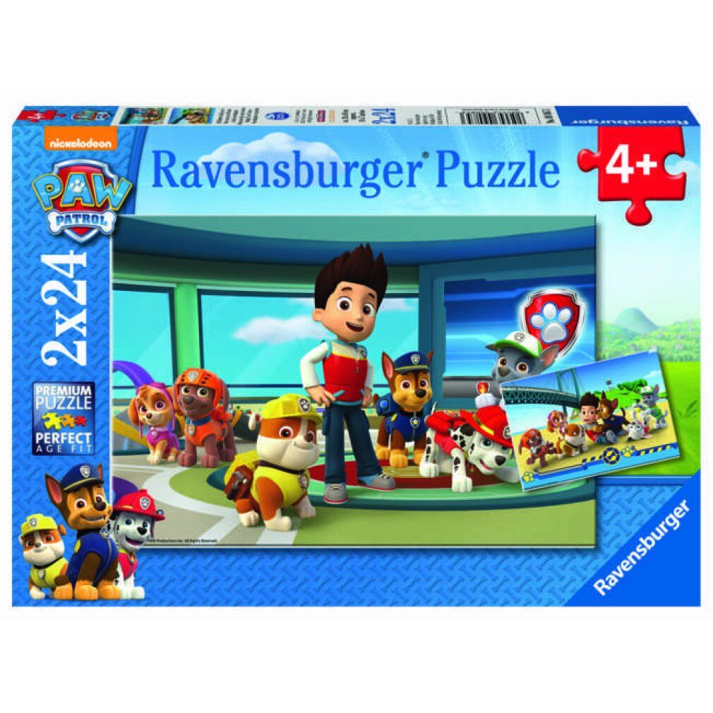 Scatola puzzle Paw Patrol. Contiene due puzzle da 24 pezzi ciascuno. Logo Ravensburger e raccomandazione d'età 4+.